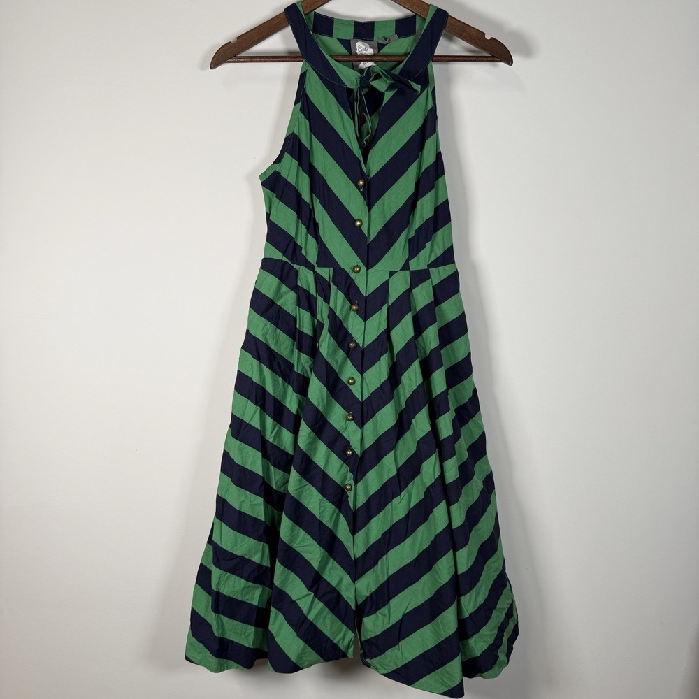 Women's Size 0 Apron Dress Girls From Savoy Stripe Navy Green Mid-Length